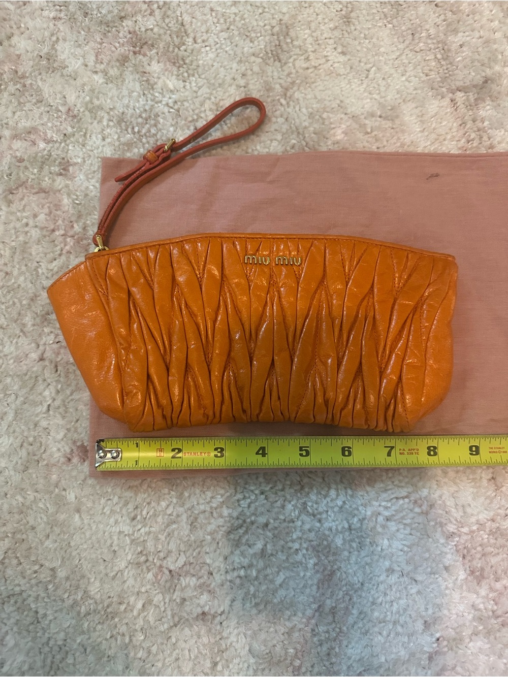 Miu Miu Orange Matelassé Wristlet Clutch with Gathered Leather Detail